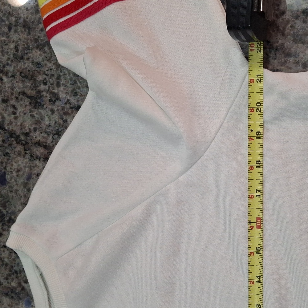 "MECLOTH" SZ. M, Ladies white, rainbow sleeves, 100%polyester, like new conditio - Picture 5 of 14